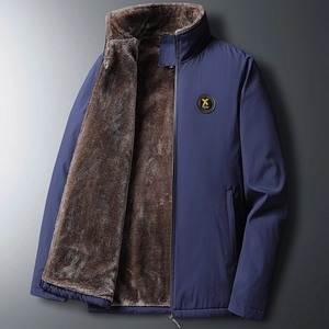 Winter men's dark blue padded jacket with thick faux fur lining and stand collar