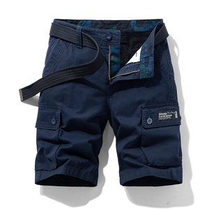 Pantaloncini cargo da uomo in cotone blu navy con tasche e cintura in tela