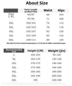 Size chart for winter fleece joggers, showing dimensions for L to 6XL plus sizes