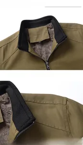 Detail of army green jacket collar with warm brown fleece lining and ribbed knit neck