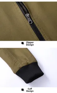 Detail of olive green canvas jacket featuring a metal zipper and black ribbed windproof cuffs