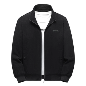 Men's winter black corduroy jacket with stand collar, fleece lining, and ribbed cuffs