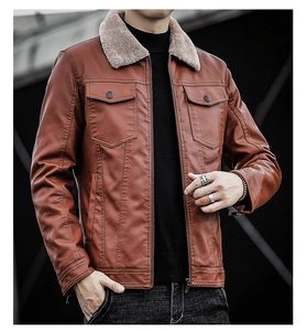 Close-up of men's brown leather jacket featuring a plush faux fur collar and zip details