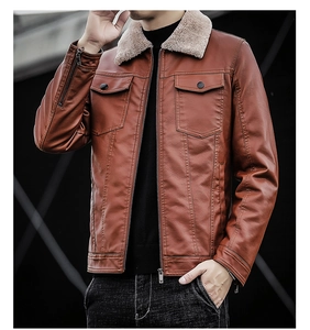 Detailed view of men's brown faux leather jacket with faux shearling collar and pockets