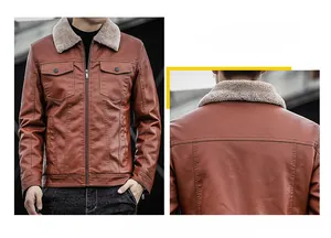 Close-up of brown leather jacket featuring a gray faux fur collar and flap chest pockets