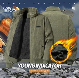 Detail of warm corduroy jacket featuring thick black fleece lining and stand collar