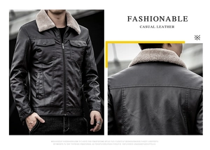 Detail of black leather jacket featuring a plush beige shearling collar and chest pockets
