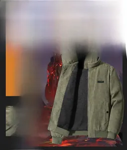 Detail view of olive green corduroy jacket with thick faux shearling lining and metal zipper