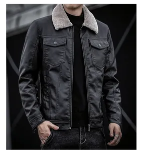 Close-up of men's biker jacket featuring grey faux fur collar and symmetrical flap pockets