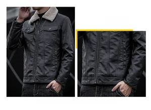 Detail of men's black PU leather jacket with faux fur collar and cargo chest pockets