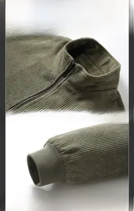 Detail view of olive corduroy jacket showing ribbed cuffs and stand-up collar design