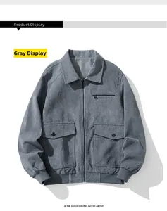 Detail of grey corduroy jacket featuring ribbed cuffs and metal zipper closure