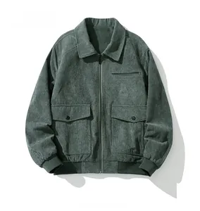 Flat lay of army green corduroy jacket showing lapel collar and detailed pocket design