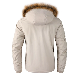 Rückansicht beige Winterjacke Kapuzenparka mit dickem Kunstpelzbesatz und elastischen Bündchen