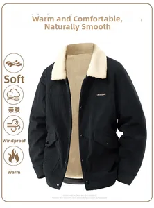 Detail showing the windproof collar and warm fleece lining of the men's corduroy jacket
