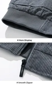 Macro detail of men's corduroy jacket featuring ribbed hem and smooth black zipper