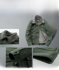 Detailansicht der armeegrünen Cordjacke mit warmem Fleecefutter und Druckknöpfen