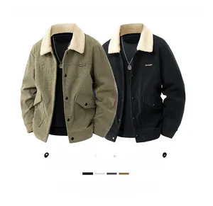 Detailed texture of corduroy jackets with sherpa collars in olive green and black