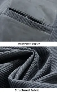 Detailed macro view of dark grey corduroy jacket inner pocket with velcro and size M label