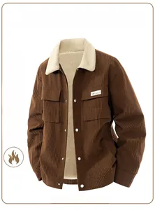 Macro detail of brown corduroy jacket with soft faux shearling lining and metal buttons