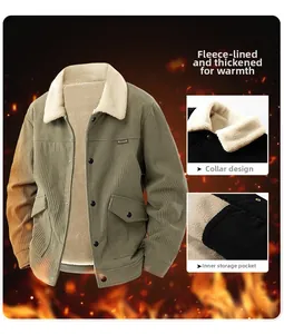 Detail view of olive corduroy winter jacket featuring warm sherpa fleece lining and collar