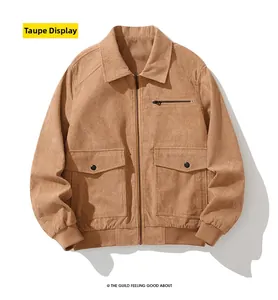 Flat lay of a mustard yellow corduroy men's jacket featuring a classic collar and large pockets