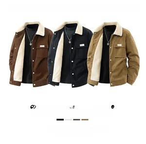 Detailed comparison of corduroy jackets in dark brown, black, and khaki with sherpa lining