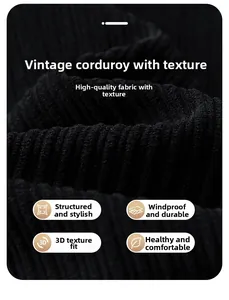 Macro shot of vintage black corduroy fabric texture showing windproof ribbed details