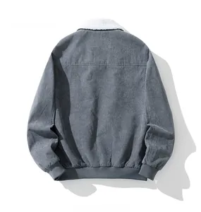 Detail view of grey corduroy jacket back with white sherpa collar and ribbed hemline