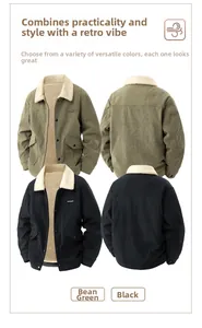 Detail of winter corduroy jacket with thick faux shearling collar and cargo pocket