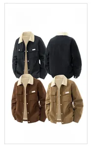 Detail of retro corduroy jacket showing thick fleece lining and durable cargo pockets