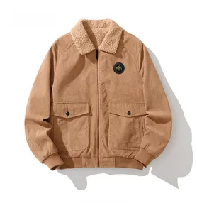 Detail view of khaki corduroy jacket with sherpa collar, large utility pockets and top patch