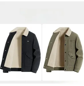 Detail of corduroy winter jacket with warm lamb fleece lining and turn-down collar