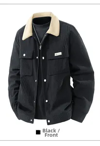 Detail of black corduroy jacket with beige shearling collar and metal snap buttons