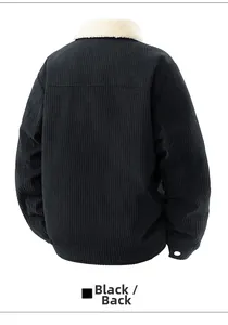 Rear view of black corduroy jacket with classic vertical texture and fleece collar