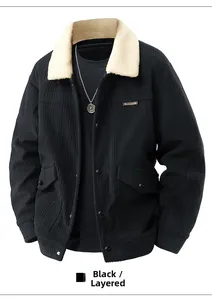 Detail of men's black corduroy jacket showing sherpa collar and utility pockets