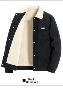 Detail view of black corduroy jacket with white fleece lining and silver snap buttons