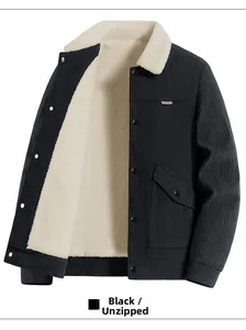 Detail of black corduroy jacket with thick cream fleece lining and button closure
