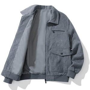 Light gray corduroy work jacket for men with zipper pockets and rib knit cuffs