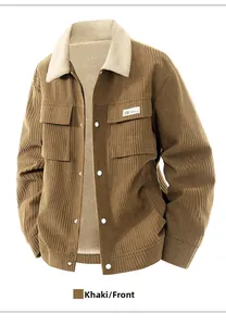 Detailed view of khaki corduroy jacket with soft faux shearling lining and snap buttons