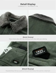 Detail der grünen Cordjacke mit Kunstfellkragen und Free Spirit Klettverschluss-Patch