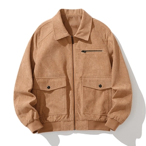 Men's khaki corduroy jacket with classic lapel collar and fleece lining for winter warmth