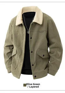 Close-up of bean green corduroy jacket with lamb wool collar and utility pockets