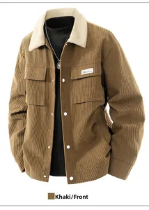 Front view of khaki corduroy jacket with white fleece collar and utility pockets