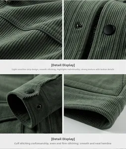 Detailansicht der grünen Cordjacke mit Reflexstreifen und Metallnieten-Verarbeitung