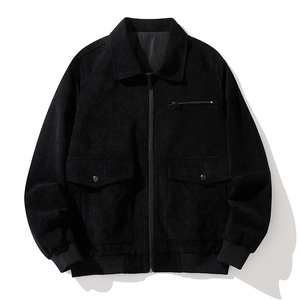 Men's black corduroy jacket with fleece lining, zip-up workwear flight bomber jacket style