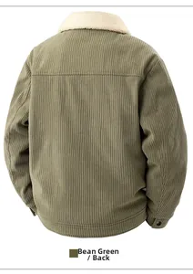 Rear view of bean green corduroy jacket with white fleece collar and workwear styling