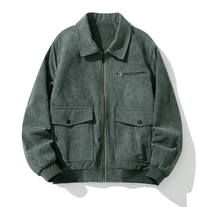 Men's dark green corduroy jacket with fleece lining and ribbed cuffs on white background