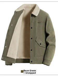 Detailed view of winter corduroy jacket with warm white fleece lining in bean green color