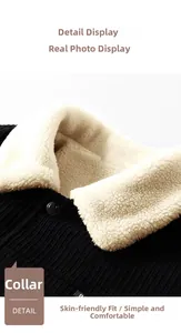Close-up of black corduroy jacket with white fleece lapel collar and button detail